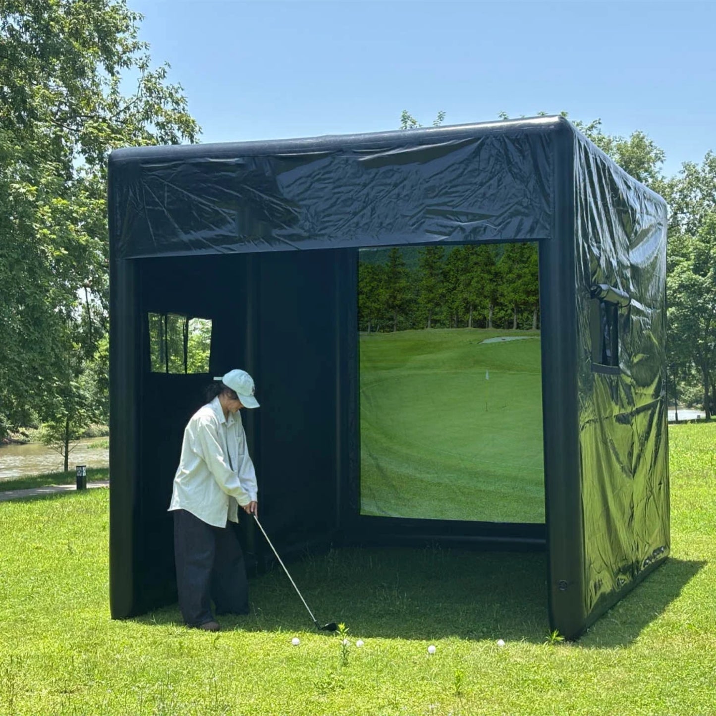 Portable Inflatable Golf Simulator Set - 13X10Ft Dual - Use (Indoor & Outdoor) Golf Practice Swing System with Inflatable Tent & Pump